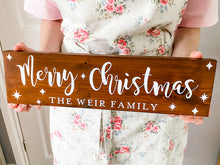 Load image into Gallery viewer, Merry Christmas Free Standing Wooden Sign, Dark Walnut Stain, White Writing
