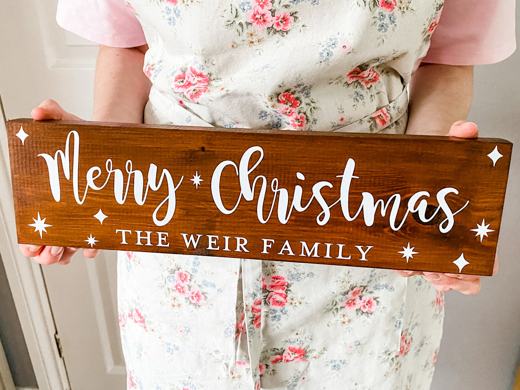 Merry Christmas Free Standing Wooden Sign, Dark Walnut Stain, White Writing