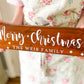 Merry Christmas Free Standing Wooden Sign, Dark Walnut Stain, White Writing