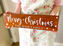 Load image into Gallery viewer, Merry Christmas Free Standing Wooden Sign, Dark Walnut Stain, White Writing
