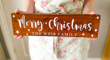 Load image into Gallery viewer, Merry Christmas Free Standing Wooden Sign, Dark Walnut Stain, White Writing
