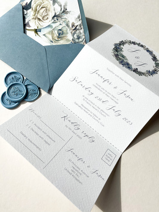 Concertina fold dusty blue wedding invitation set