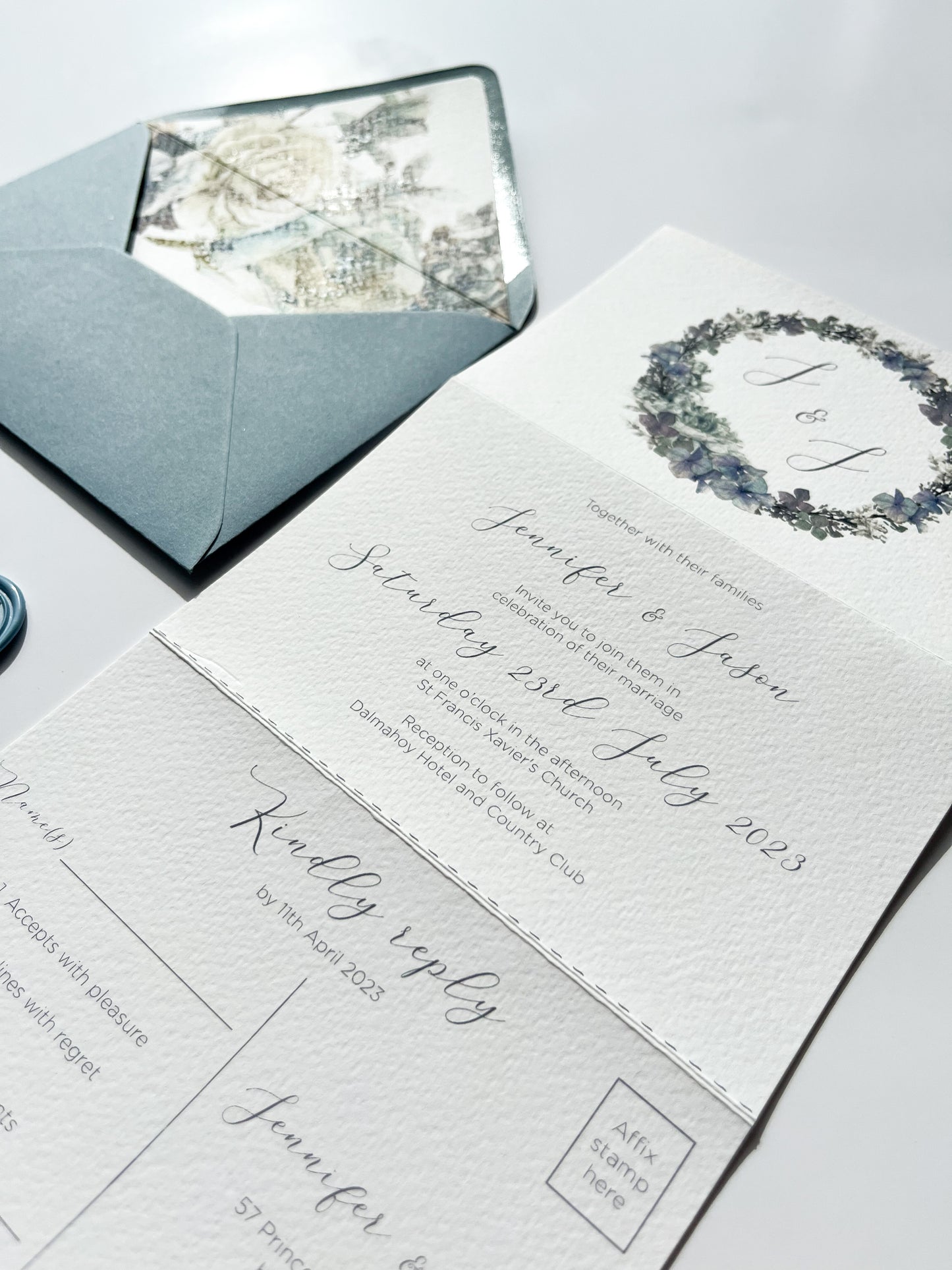 Concertina fold dusty blue wedding invitation set