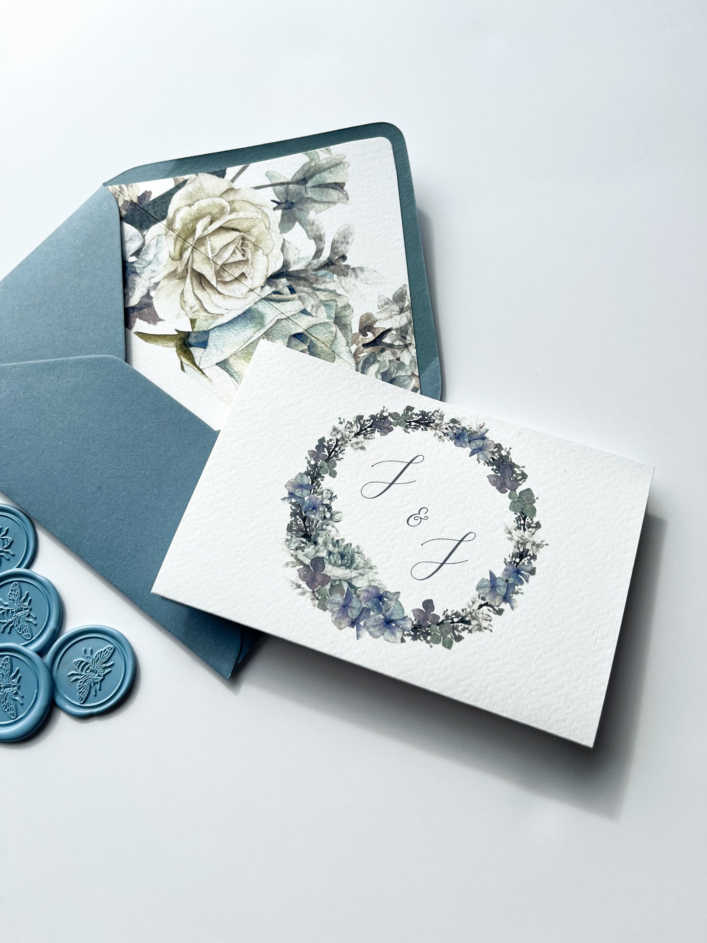 Concertina fold dusty blue wedding invitation set