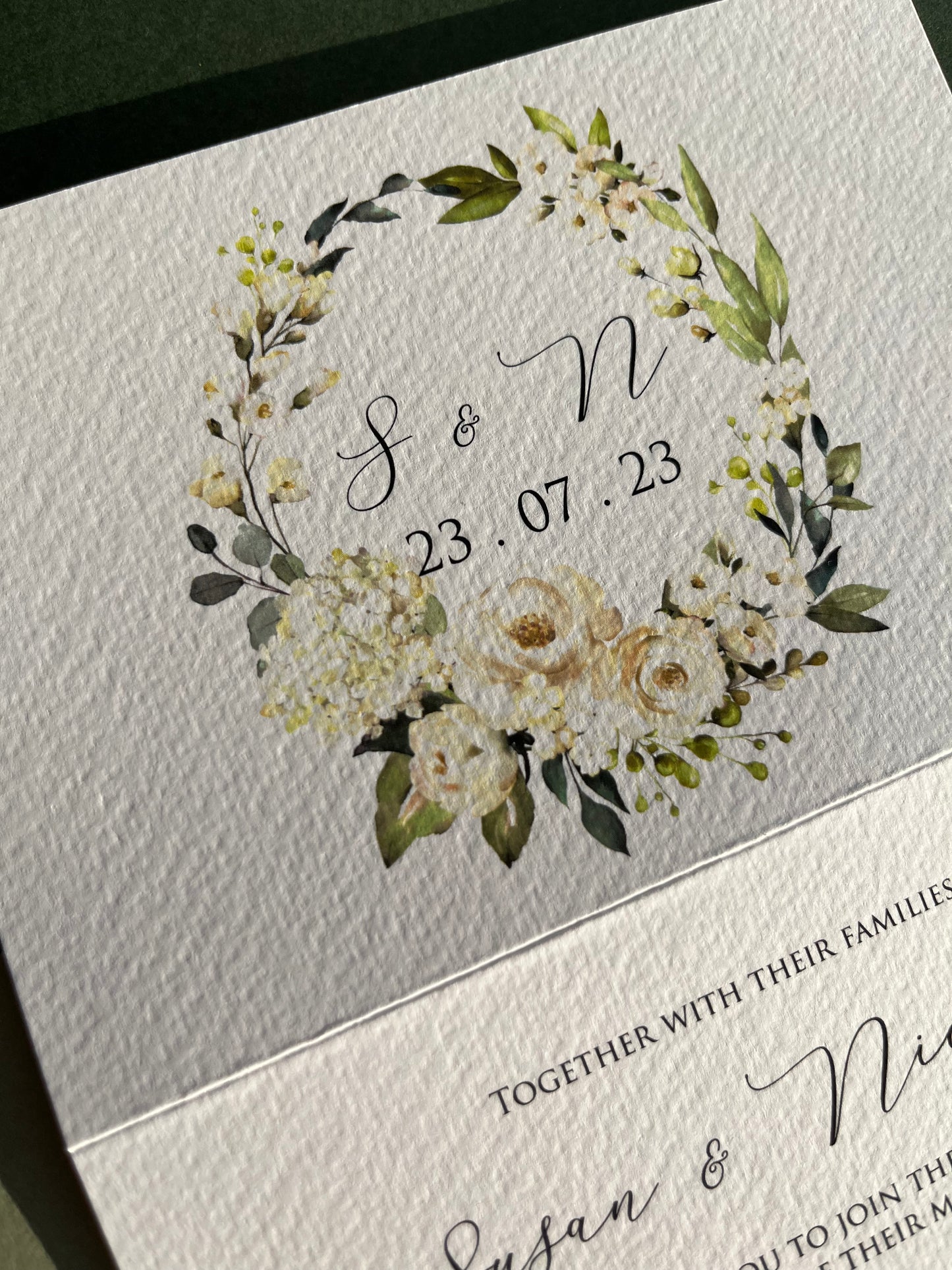 Green and white concertina wedding invitation set