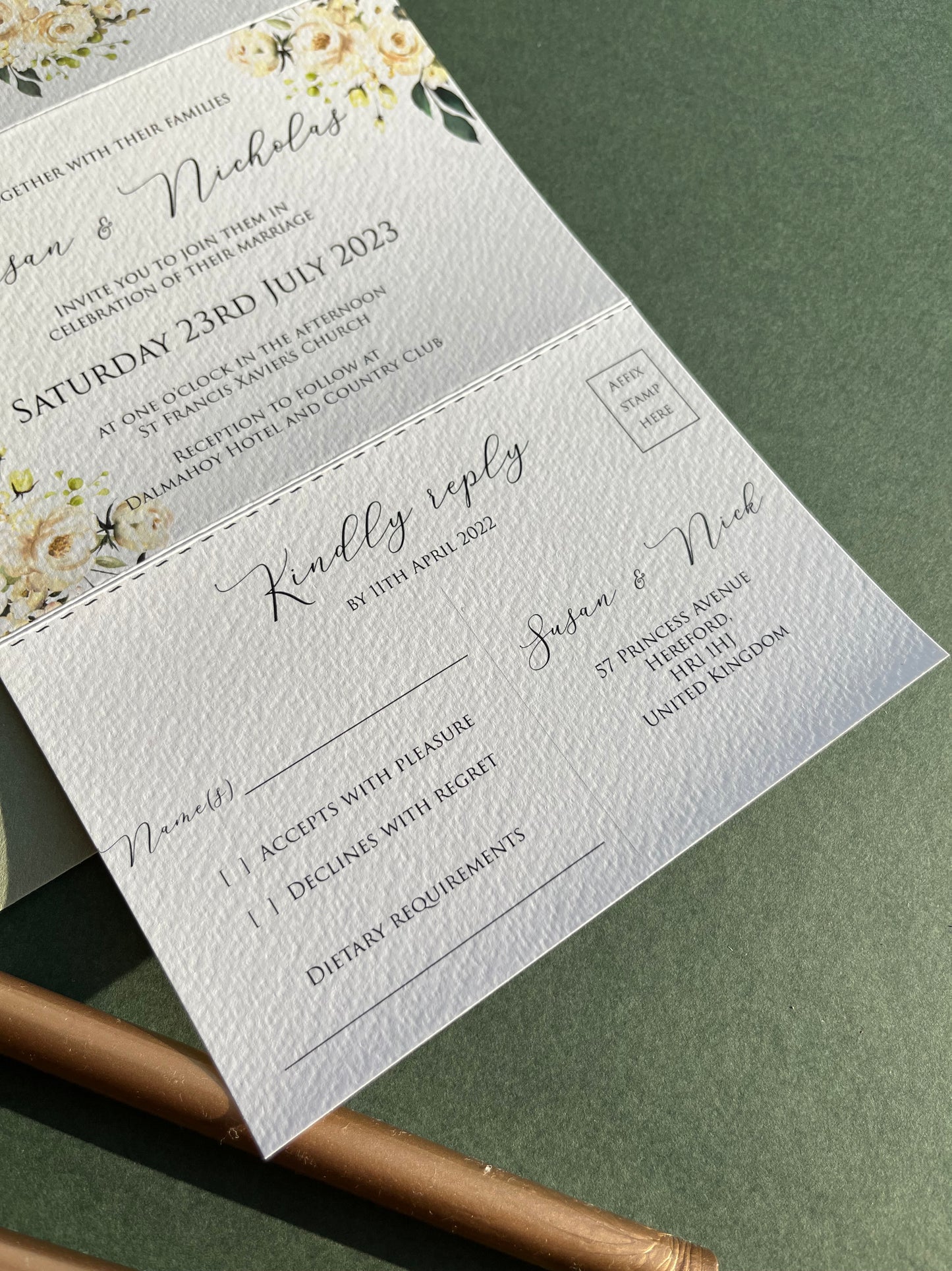 Green and white concertina wedding invitation set
