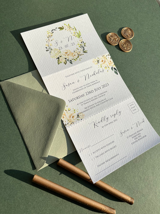 Green and white concertina wedding invitation set