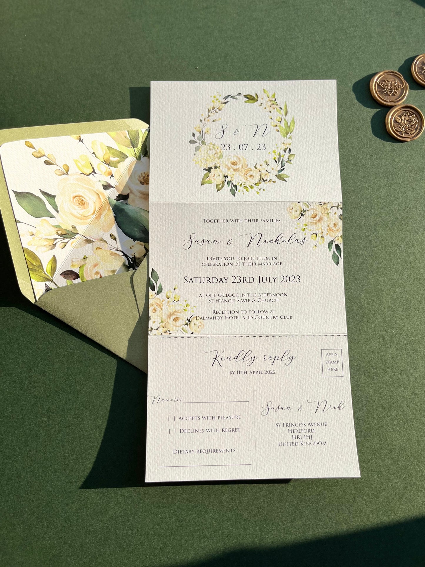 Green and white concertina wedding invitation set