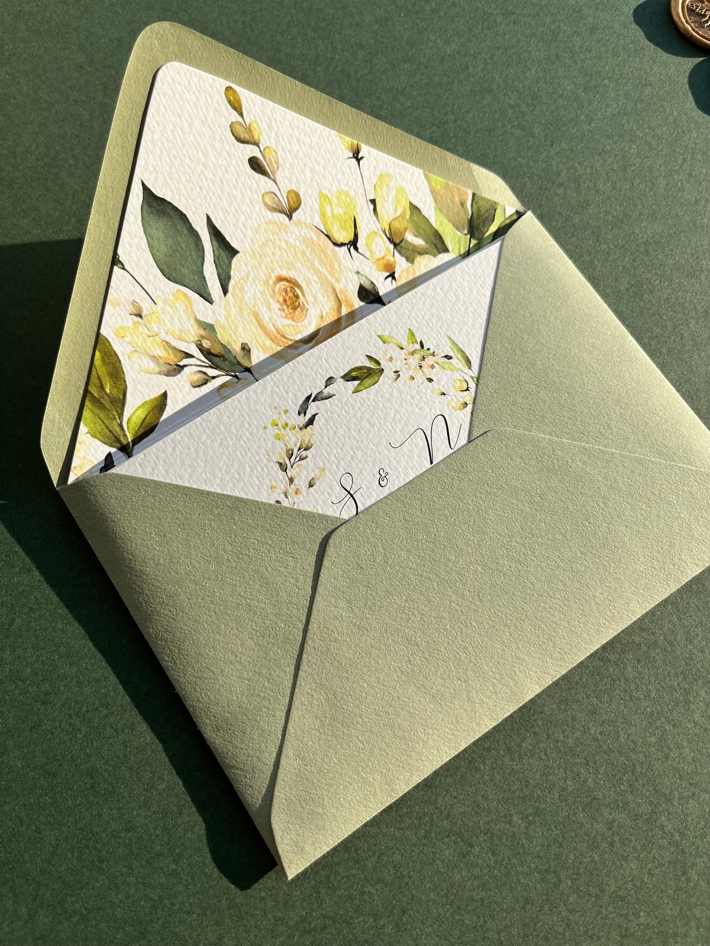 Green and white concertina wedding invitation set