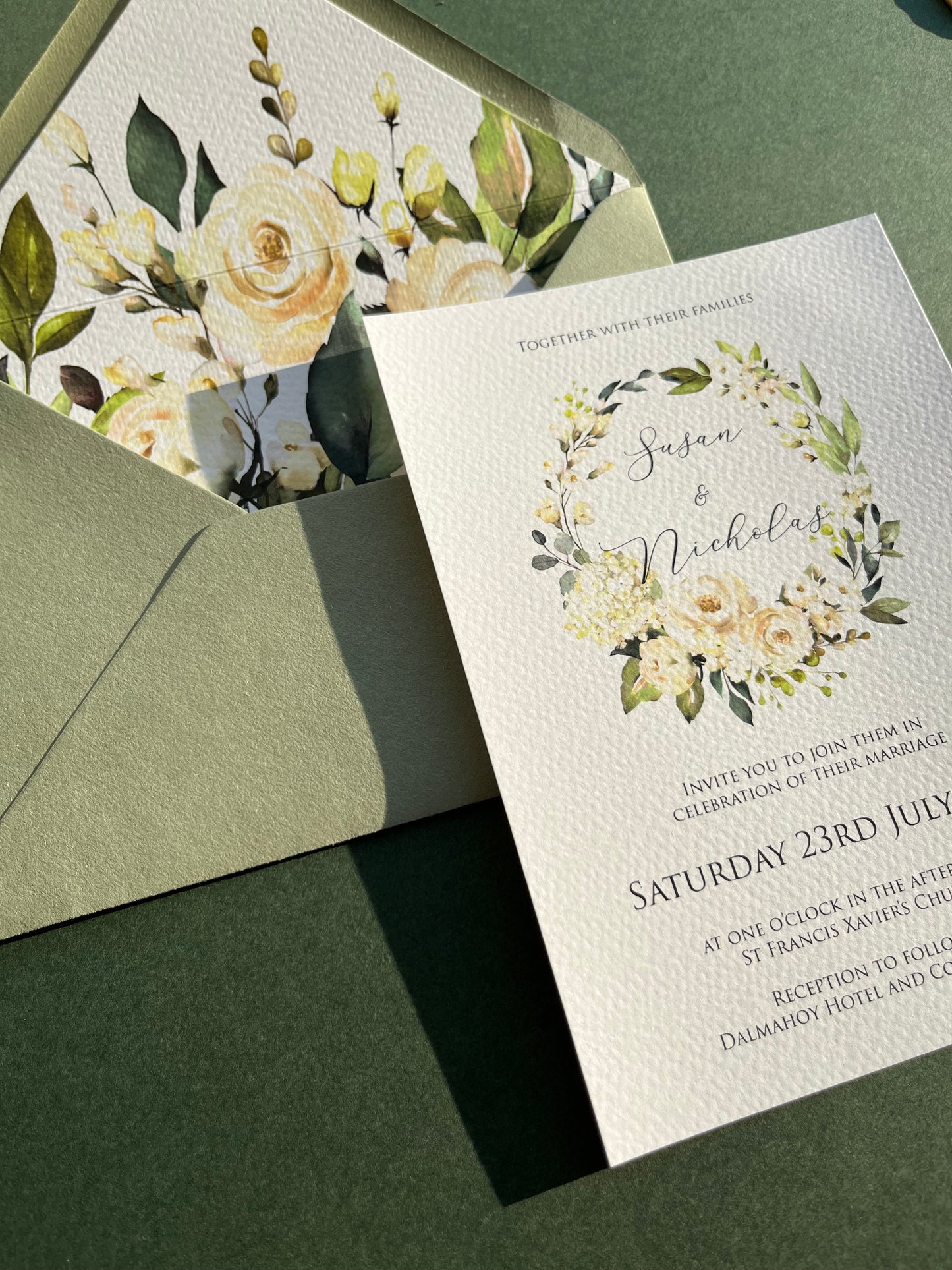 Green & White Floral Wedding Invitation Set