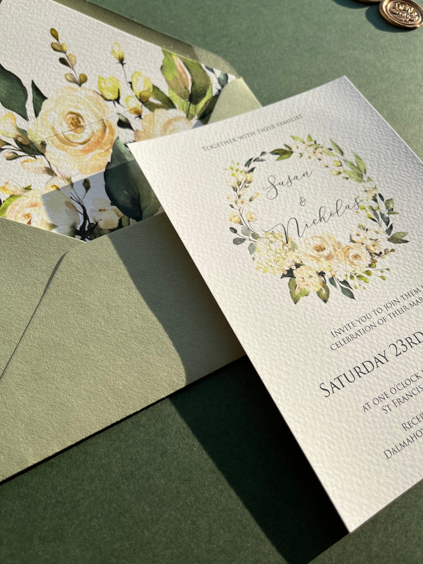 Green & White Floral Wedding Invitation Set