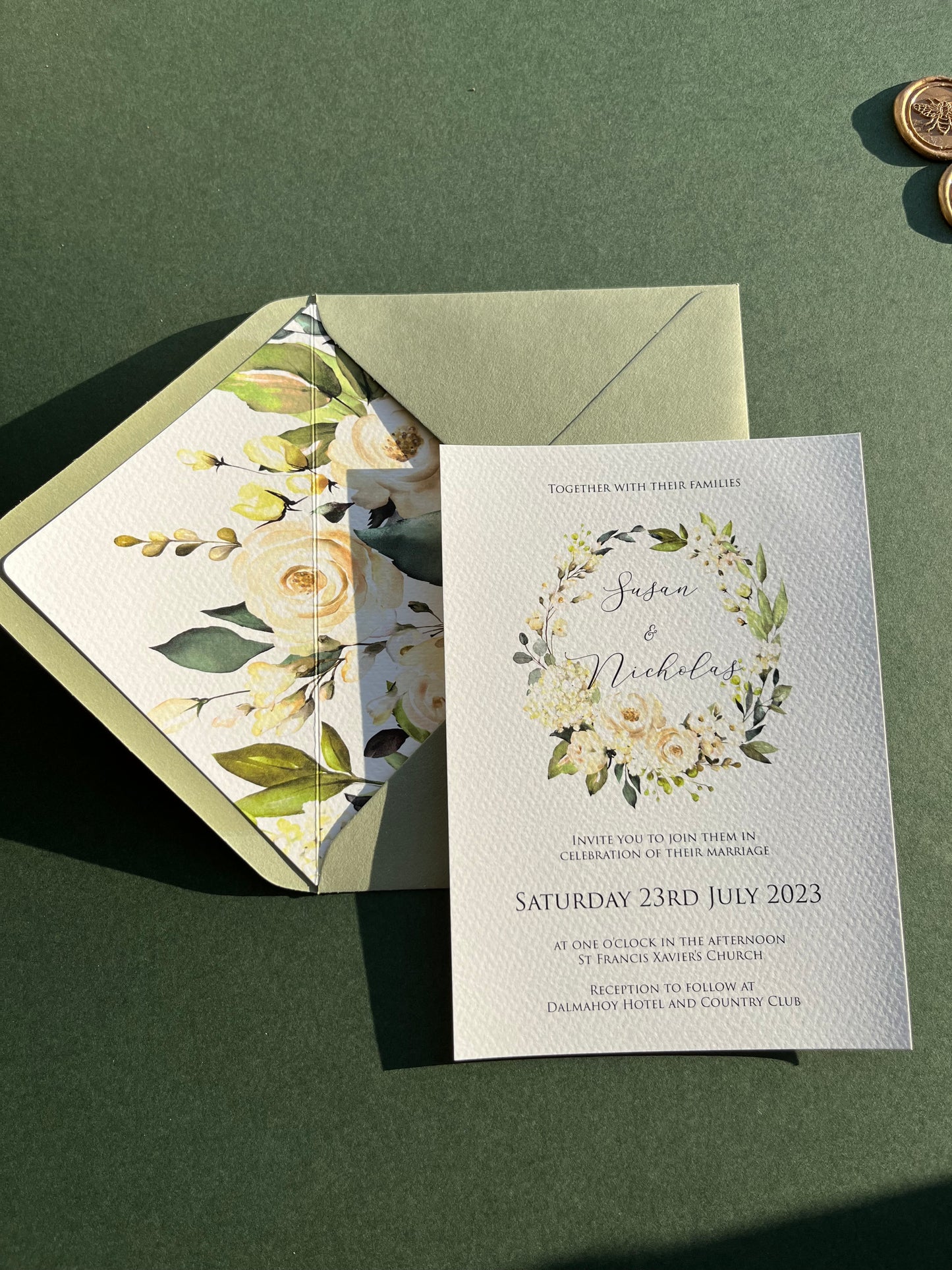 Green & White Floral Wedding Invitation Set