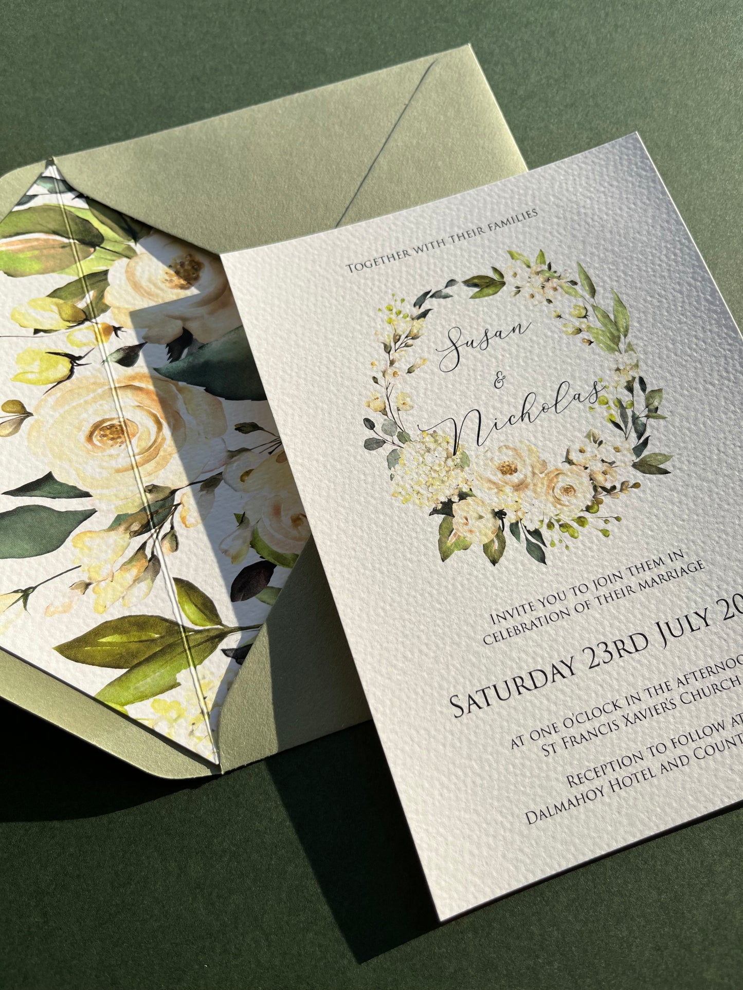 Green & White Floral Wedding Invitation Set