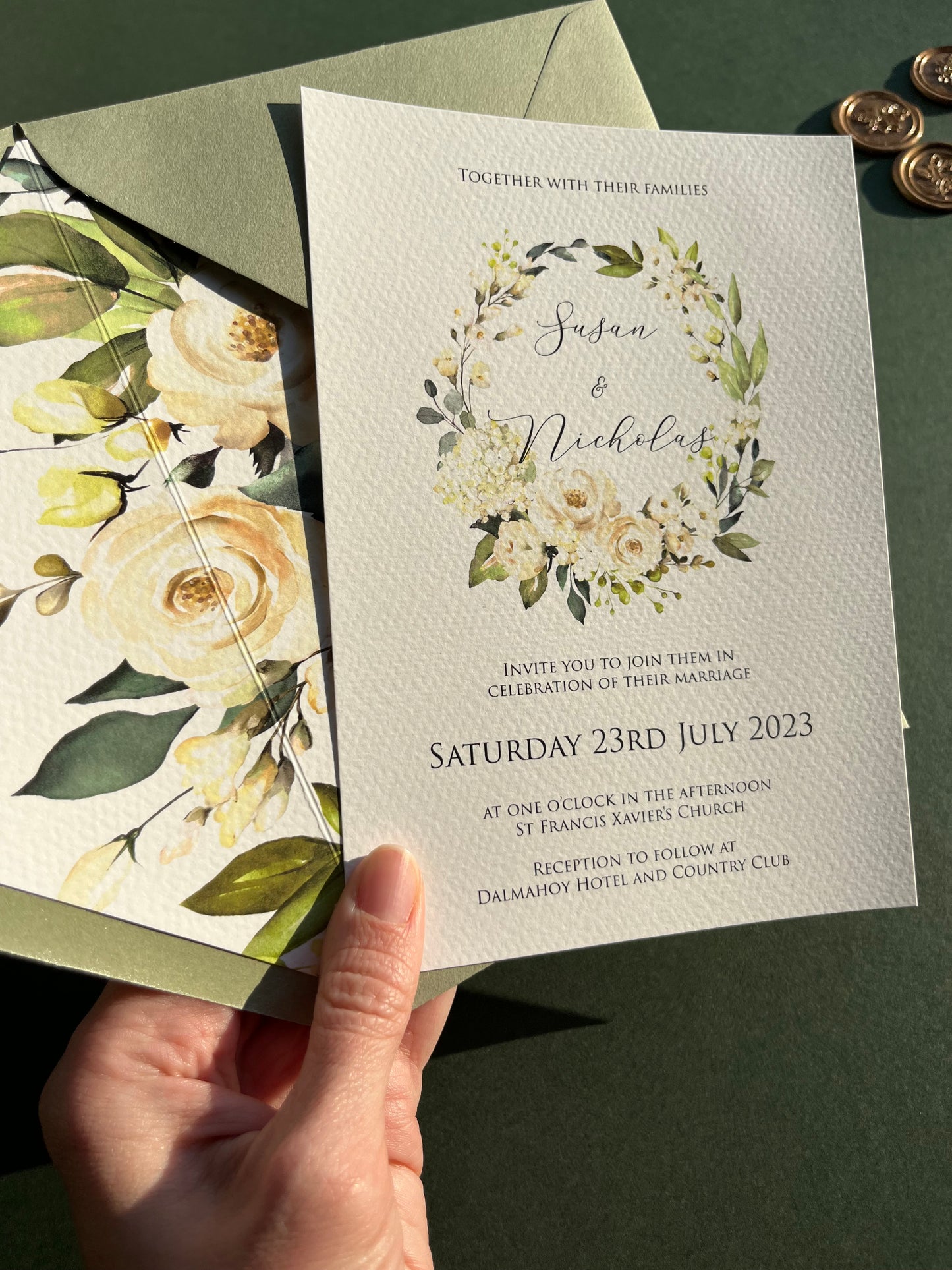 Green & White Floral Wedding Invitation Set