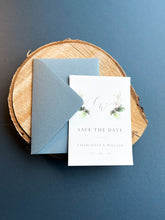 Load image into Gallery viewer, Greenery design save the date with dusty blue envelopes
