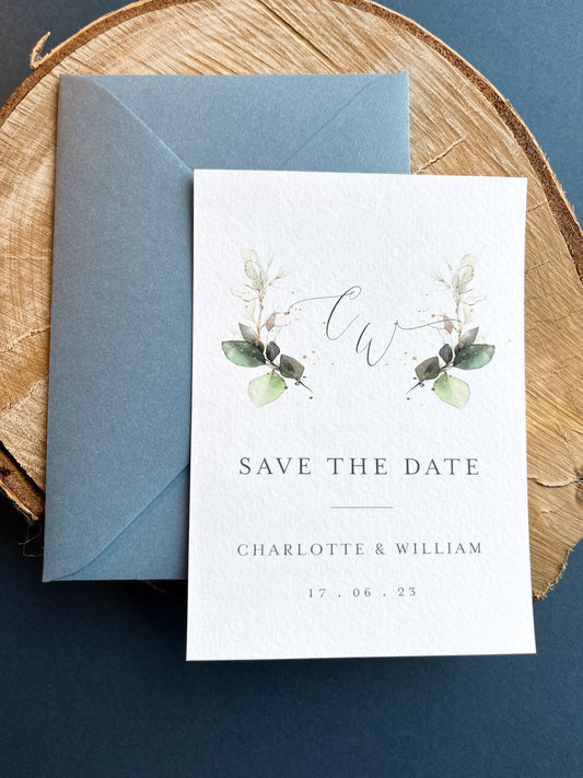 Greenery design save the date with dusty blue envelopes
