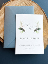 Load image into Gallery viewer, Greenery design save the date with dusty blue envelopes
