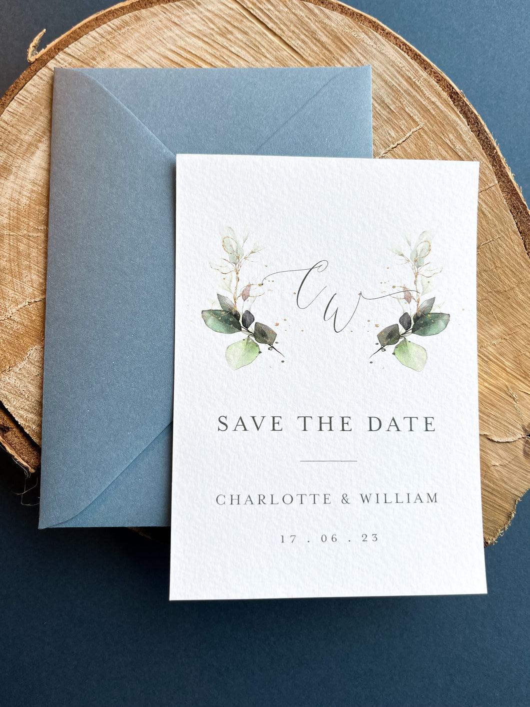 Greenery design save the date with dusty blue envelopes