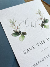 Load image into Gallery viewer, Greenery design save the date with dusty blue envelopes
