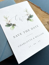 Load image into Gallery viewer, Greenery design save the date with dusty blue envelopes
