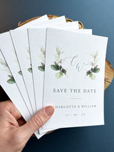 Load image into Gallery viewer, Greenery design save the date with dusty blue envelopes
