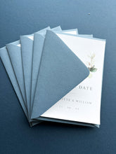 Load image into Gallery viewer, Greenery design save the date with dusty blue envelopes
