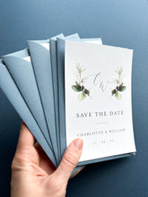 Load image into Gallery viewer, Greenery design save the date with dusty blue envelopes
