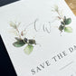 Navy and greenery design save the date