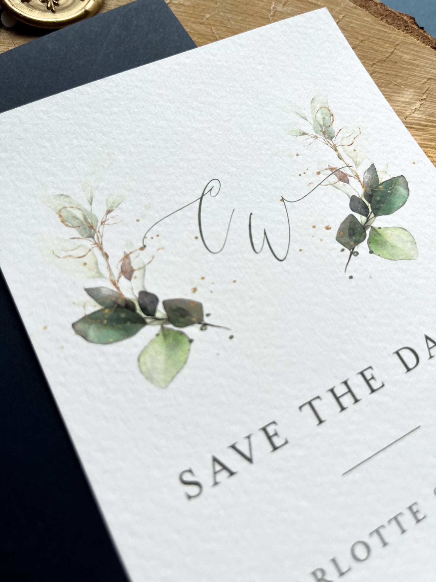 Navy and greenery design save the date