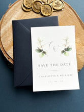 Load image into Gallery viewer, Navy and greenery design save the date
