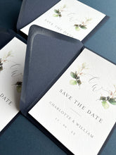 Load image into Gallery viewer, Navy and greenery design save the date
