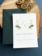 Load image into Gallery viewer, Hunter green save the date with beautiful greenery monogram design
