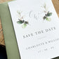 Sage green save the date with monogram greenery design