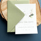 Sage green save the date with monogram greenery design