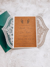 Load image into Gallery viewer, White Laser Cut Rustic Wedding Invitation, Green Leaves, Kraft Card and Twine, RSVP Included, Emerald Green Envelope

