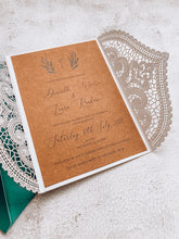 Load image into Gallery viewer, White Laser Cut Rustic Wedding Invitation, Green Leaves, Kraft Card and Twine, RSVP Included, Emerald Green Envelope
