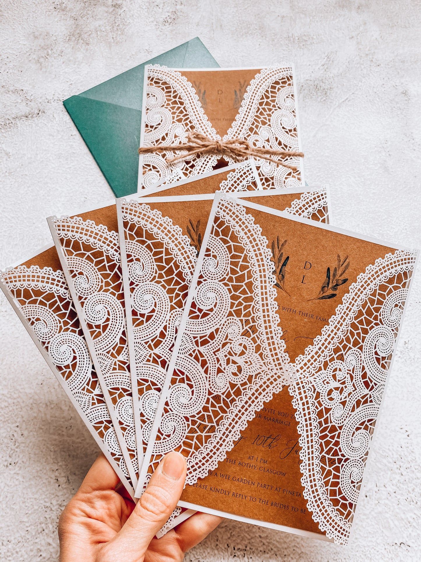 White Laser Cut Rustic Wedding Invitation, Green Leaves, Kraft Card and Twine, RSVP Included, Emerald Green Envelope