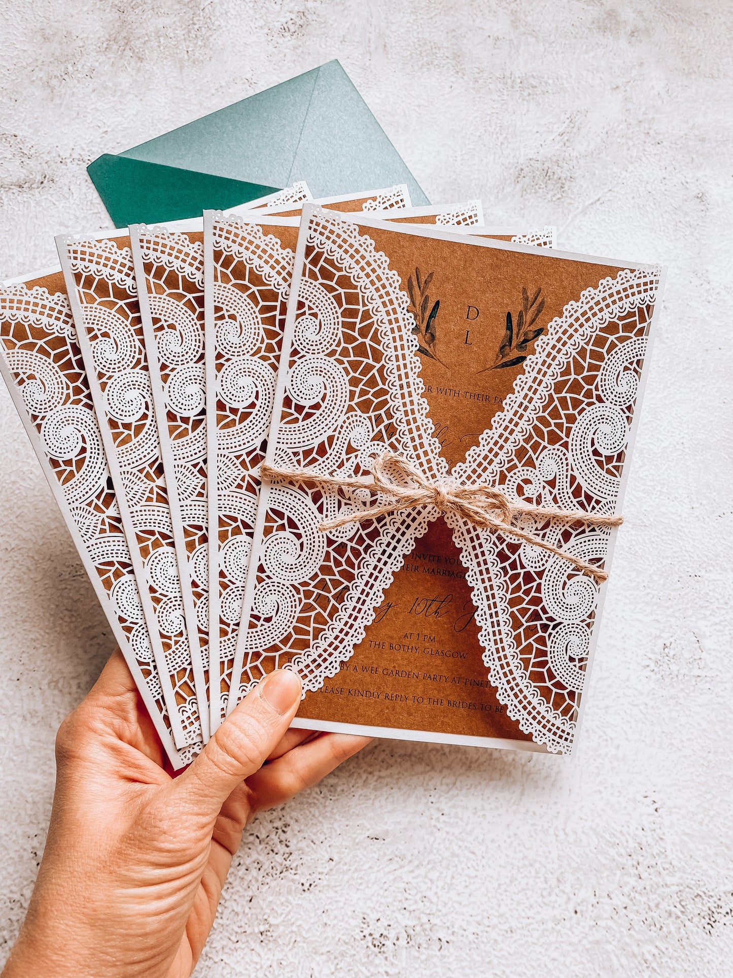 White Laser Cut Rustic Wedding Invitation, Green Leaves, Kraft Card and Twine, RSVP Included, Emerald Green Envelope