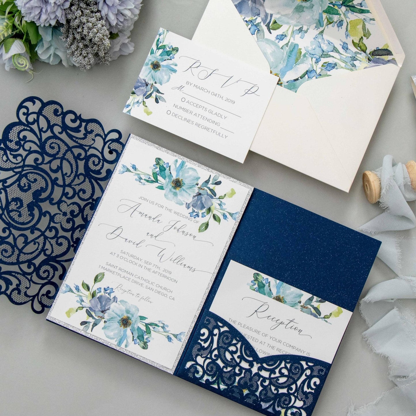 Navy Floral Wedding Invitation Set