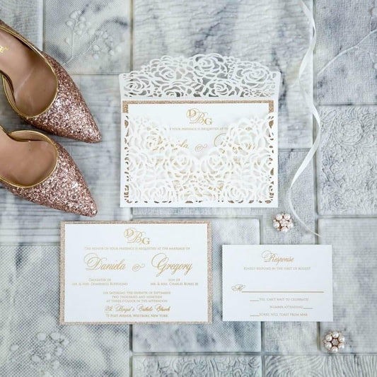 White Roses Laser Cut Envelope With Rose Gold Accent Invitation