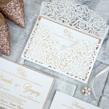 Load image into Gallery viewer, White Roses Laser Cut Envelope With Rose Gold Accent Invitation
