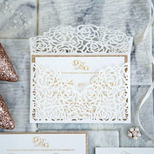 Load image into Gallery viewer, White Roses Laser Cut Envelope With Rose Gold Accent Invitation
