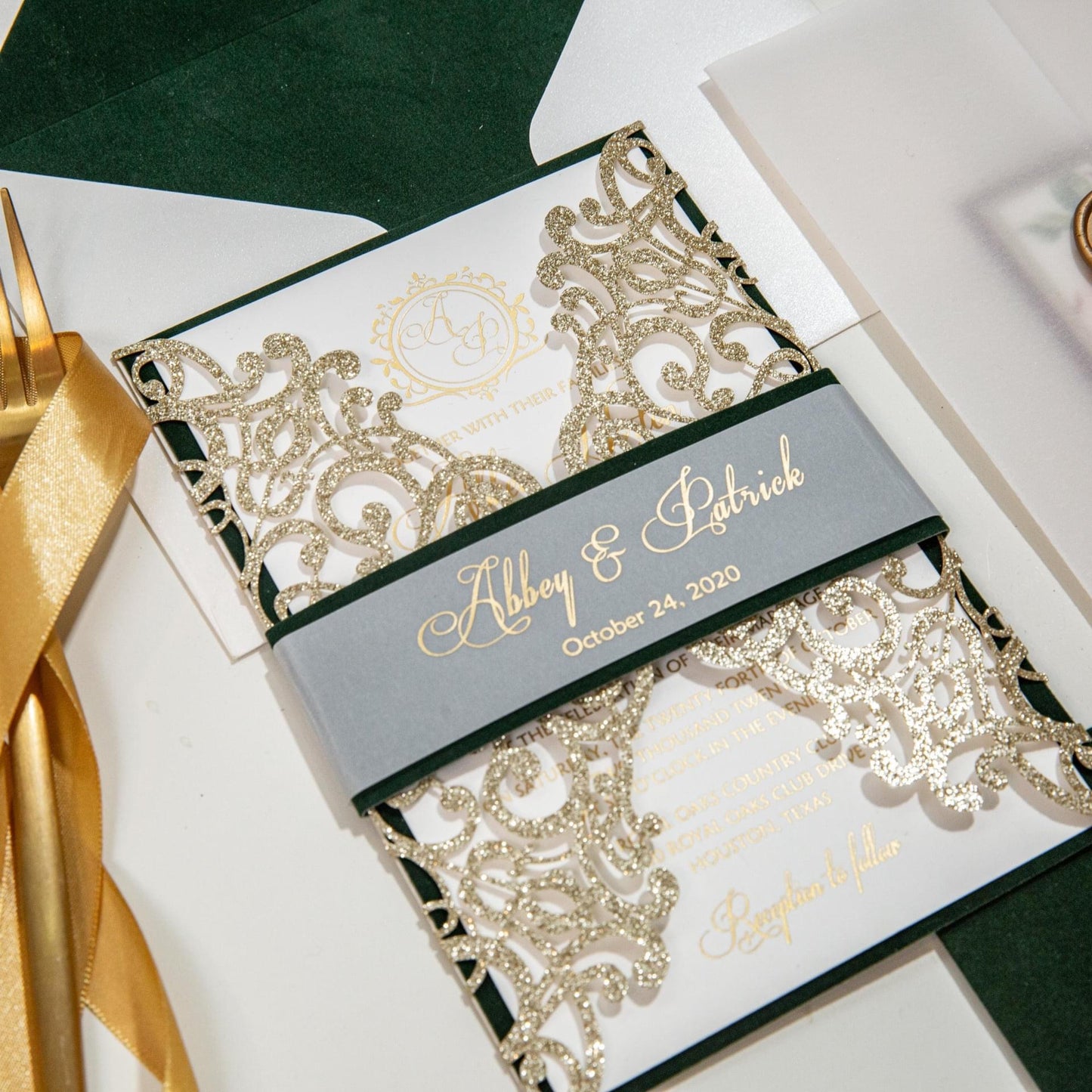 Gold and Emerald Green Velvet Wedding Invitation