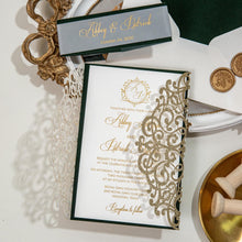 Load image into Gallery viewer, Gold and Emerald Green Velvet Wedding Invitation
