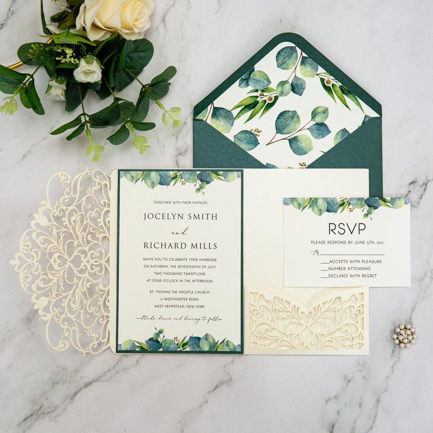 Ivory and Emerald Green Leaves Wedding Invitation Set
