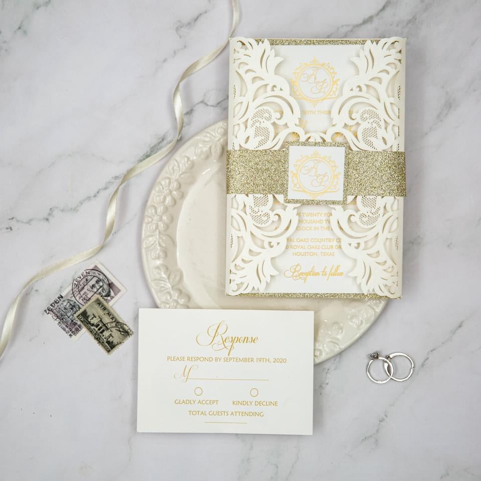 Gold Glitter and Ivory Wedding Invitation Set