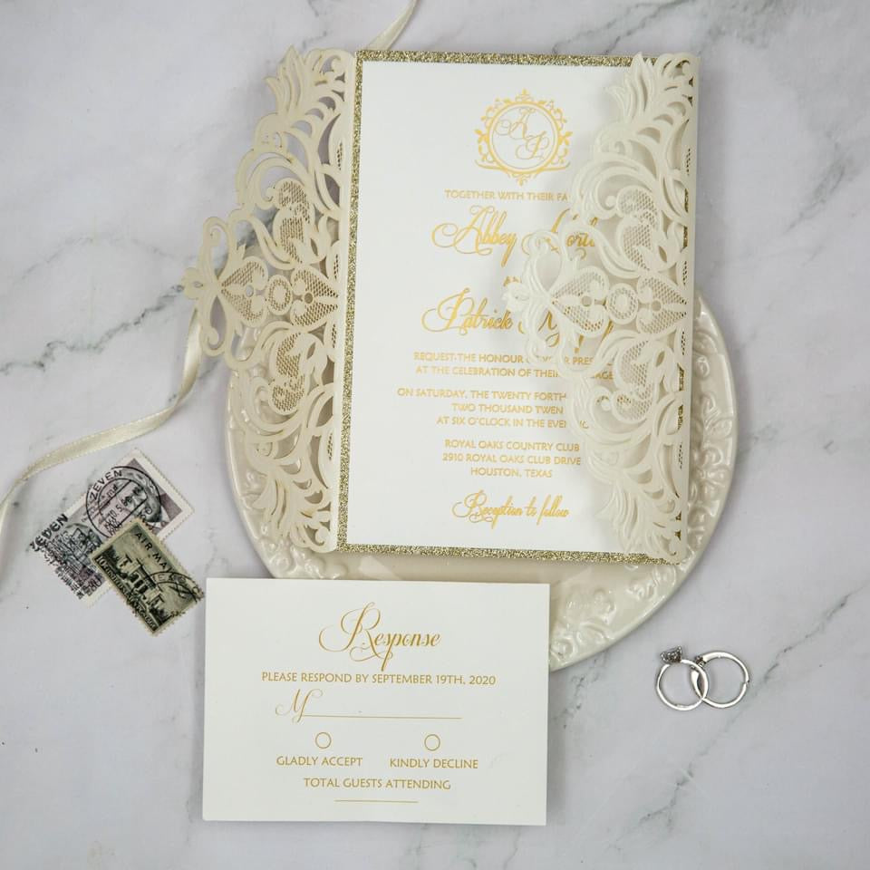 Gold Glitter and Ivory Wedding Invitation Set