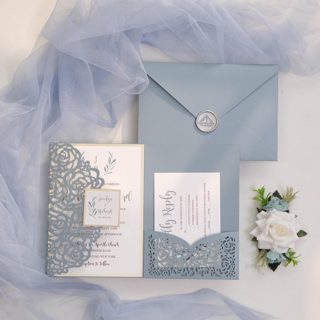 Dusty Blue Trifold Wedding Invitation