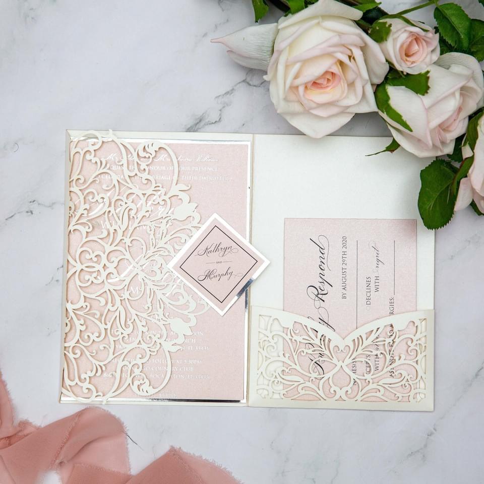 Ivory and Blush Shimmer Foiled Wedding Invitation Set