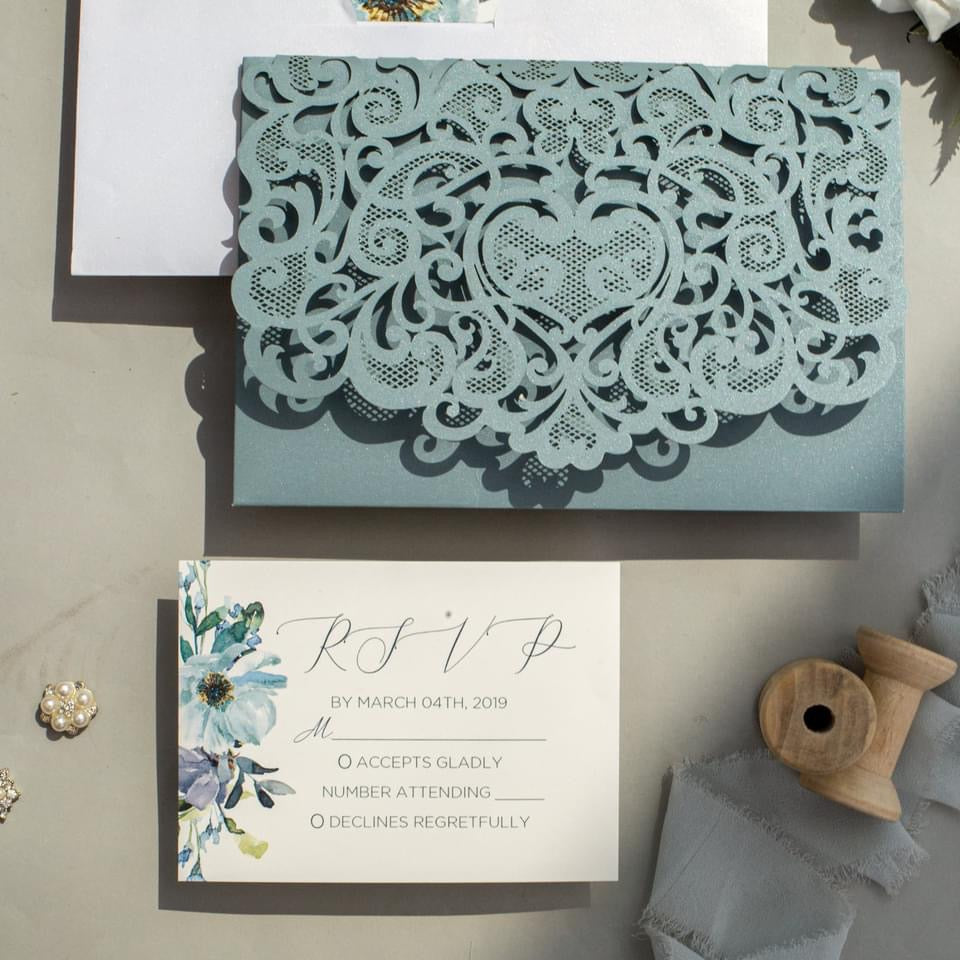 Dusty Blue Floral Wedding Invitation Set